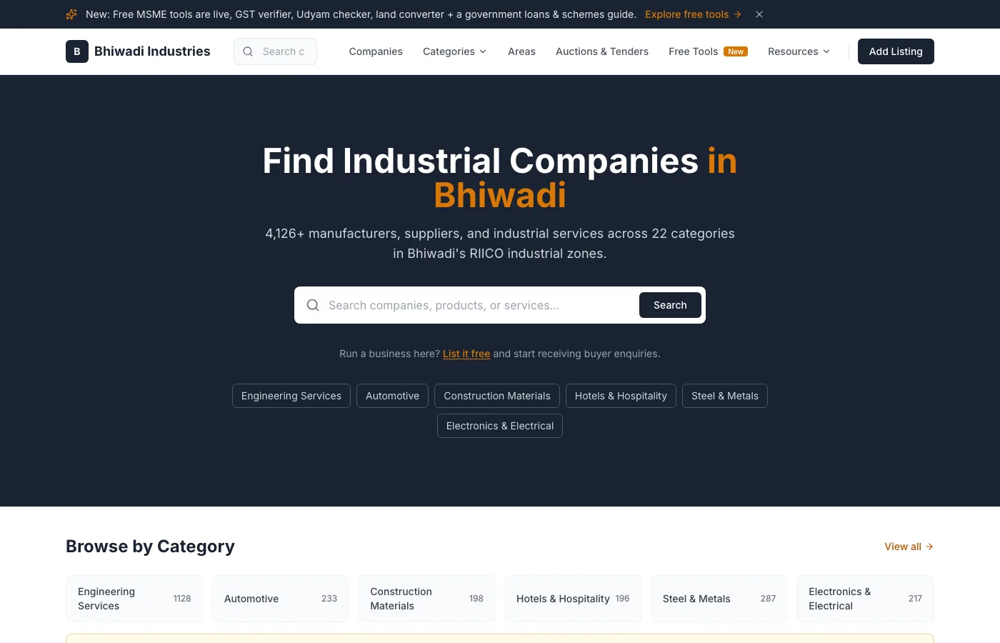 The Bhiwadi Industries platform homepage: a search-first directory of 4,126 plus manufacturers and suppliers across 22 categories in Bhiwadi's RIICO industrial zones.