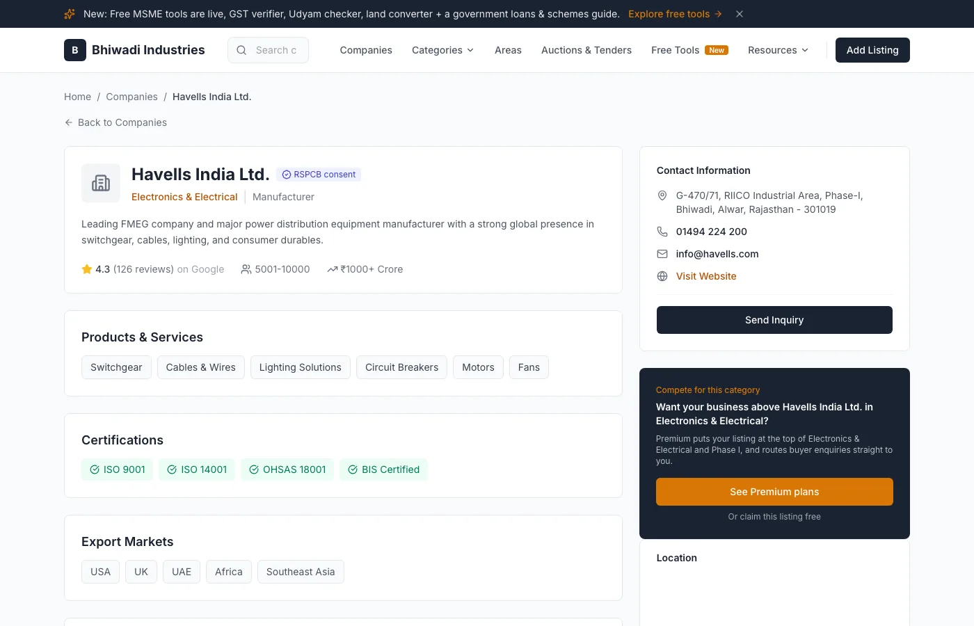 A verified company profile on the Bhiwadi Industries platform, showing an RSPCB consent badge, products, certifications, and a direct enquiry route.