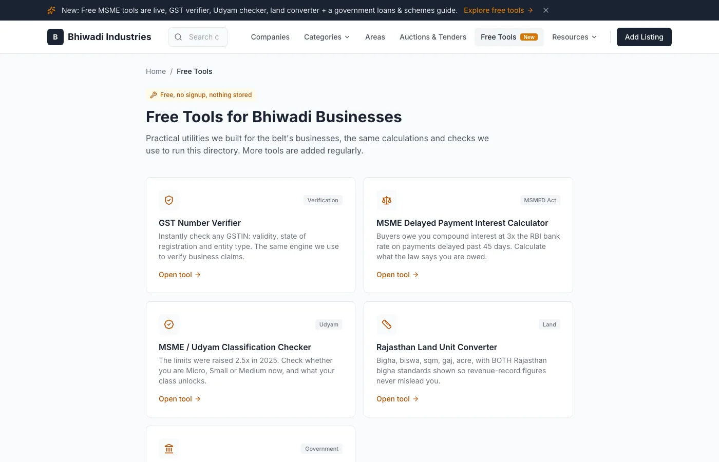 The free tools page on Bhiwadi Industries listing a GST number verifier, an MSME delayed payment interest calculator, an Udyam classification checker, and a Rajasthan land unit converter.