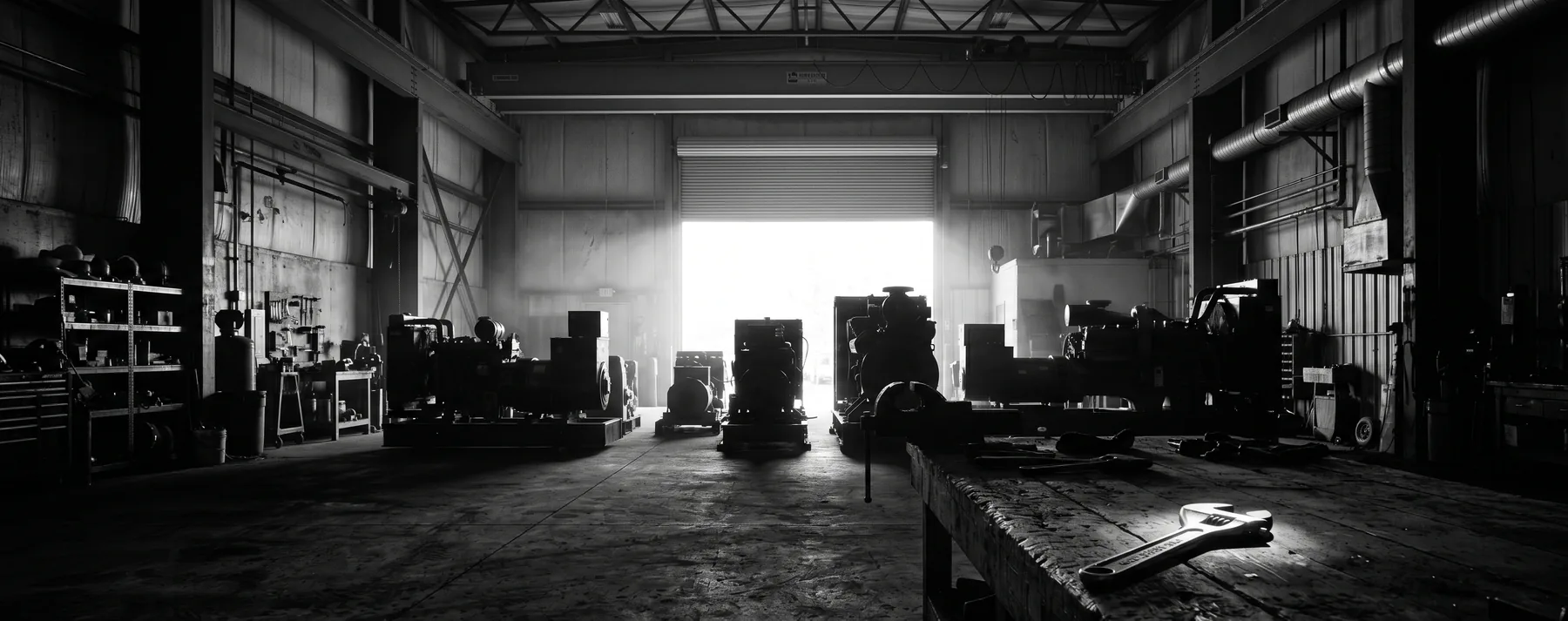 Black and white documentary photograph of an industrial workshop interior with light pouring in through an open shutter, silhouetting equipment.
