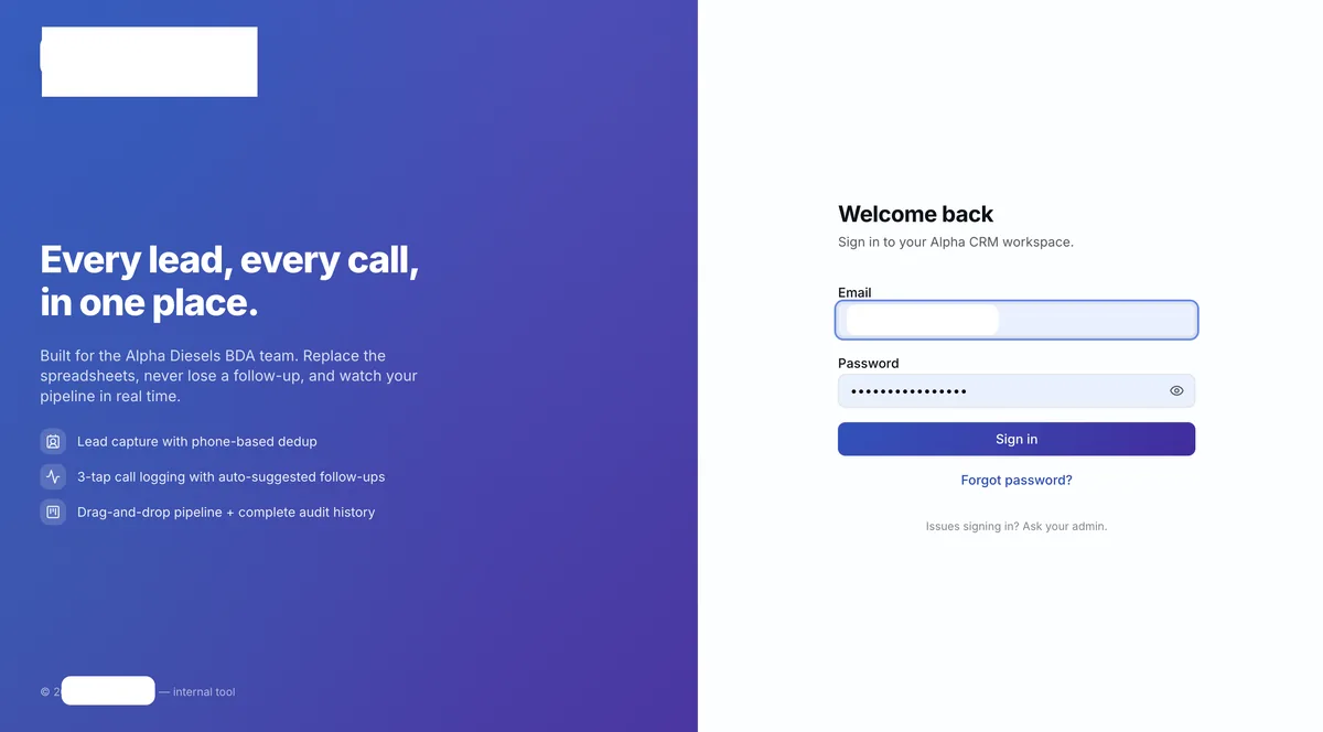 Custom CRM interface built for a multi-line industrial business, anonymized.