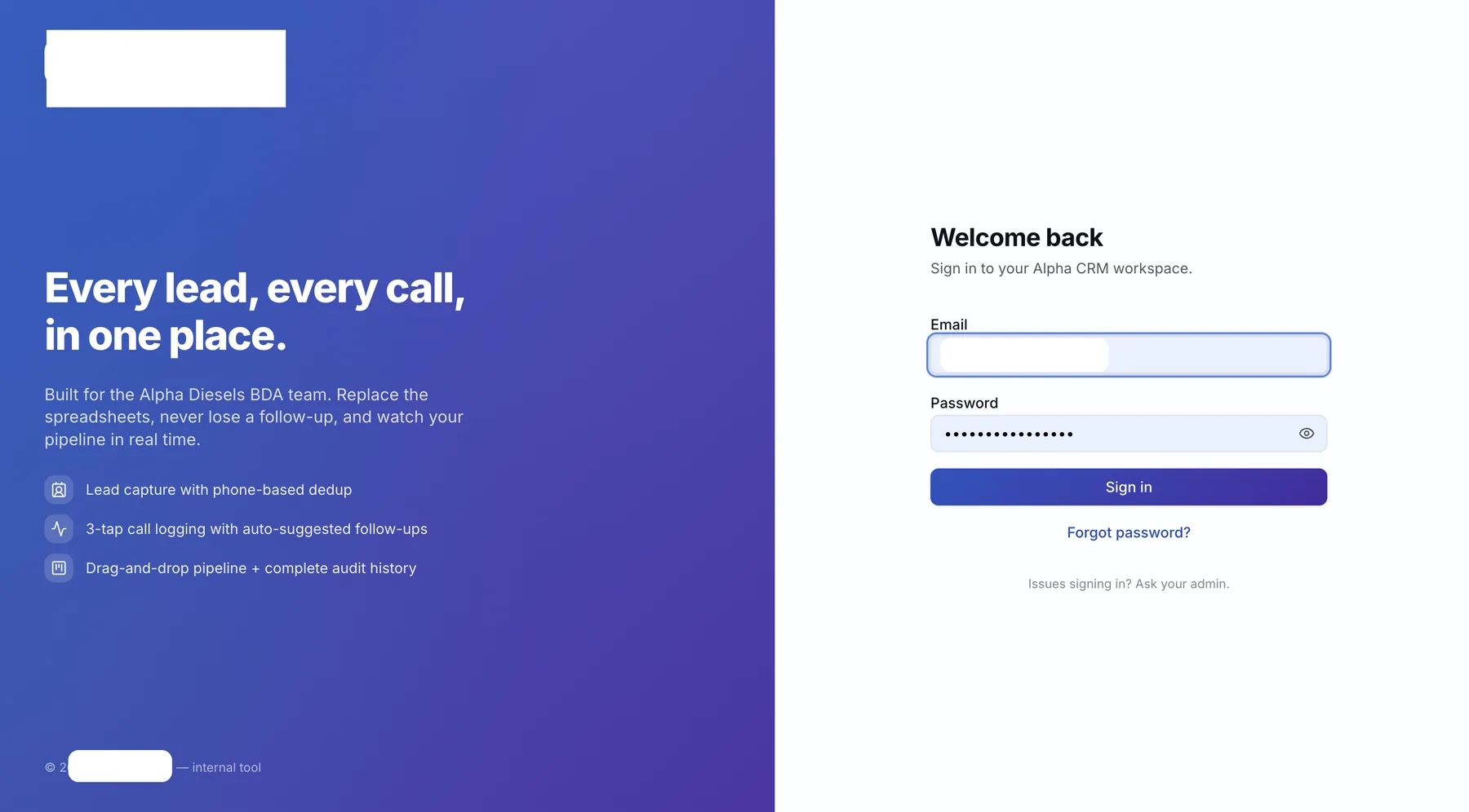 Custom CRM lead pipeline and call schedule, built for a multi-line industrial business, anonymized.