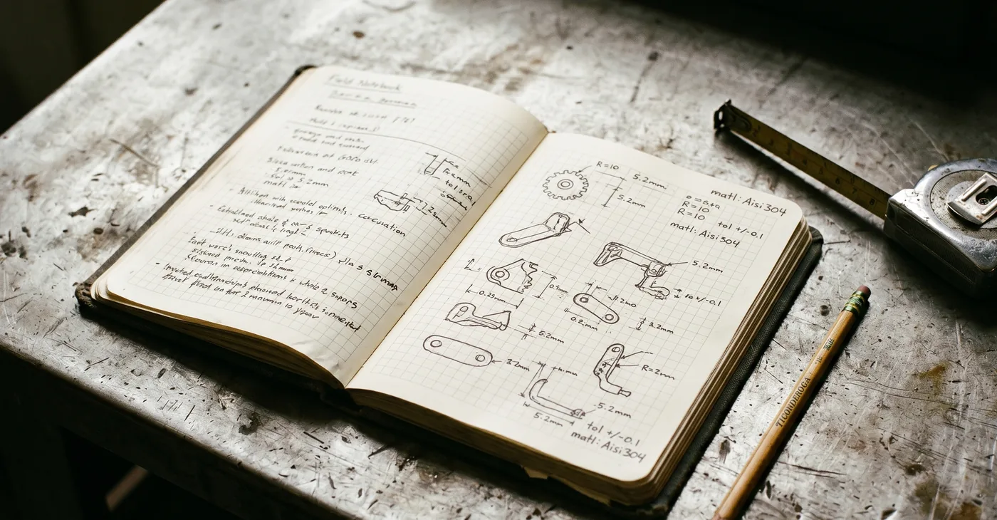 Engineering field notebook open on a workshop bench, mechanical part sketches with dimensions and assembly notes.