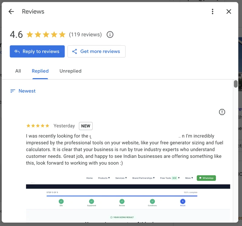 Google Business Profile reviews panel showing 4.6 stars across 119 reviews, with the most recent five star review visible.