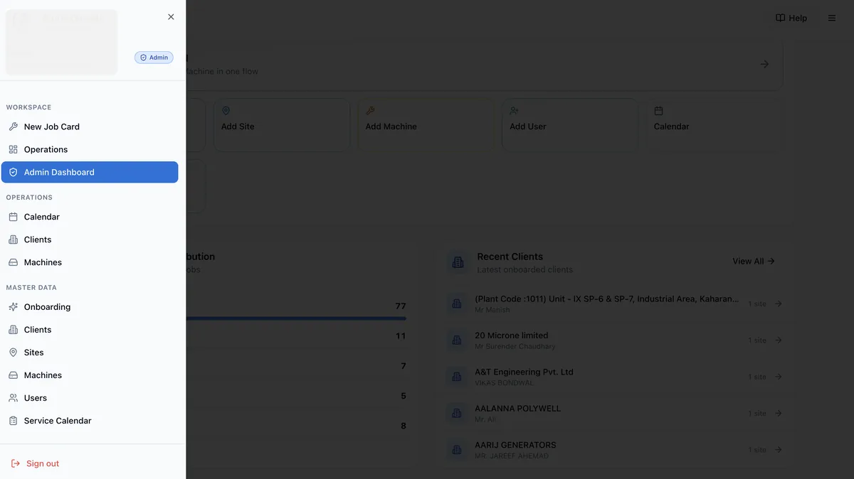 Service operations software dashboard — operations team view, with job cards and customer service intervals.