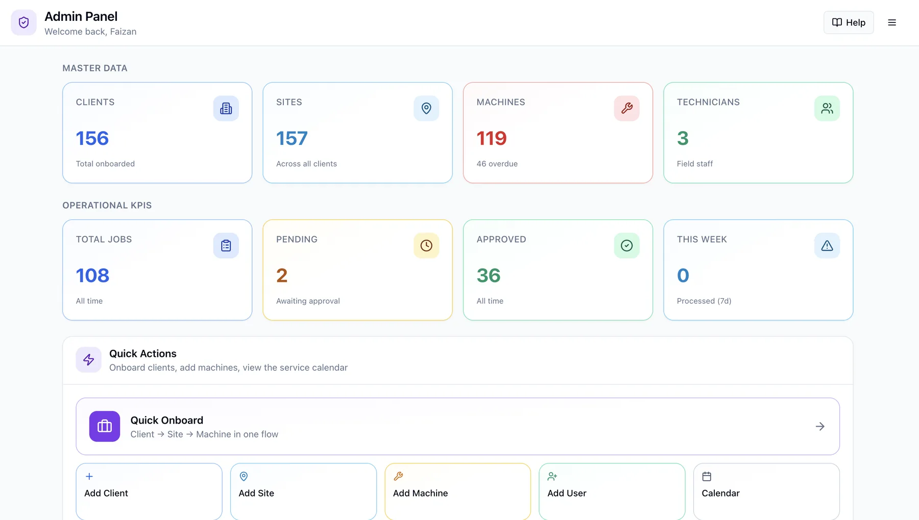 Service operations software administration dashboard for the diesel business, anonymized.