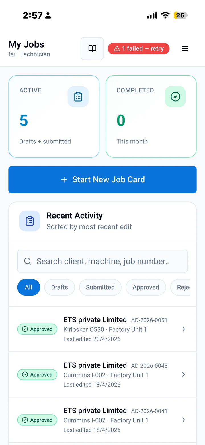 Mobile technician interface — large buttons, offline-ready, designed for non-technical operators in low-network field environments.