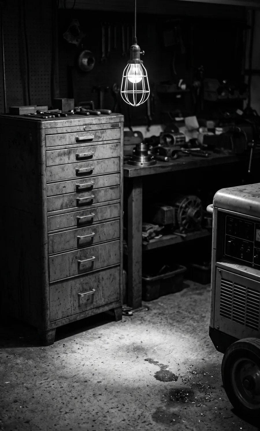 Black and white documentary photograph of an industrial workshop interior with a vintage tool cabinet, workbench, and generator, lit by a single hanging inspection lamp.